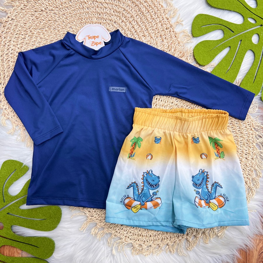 Linha Praia - Blusa com Proteção UV50+ e Bermuda Dinos - Marinho